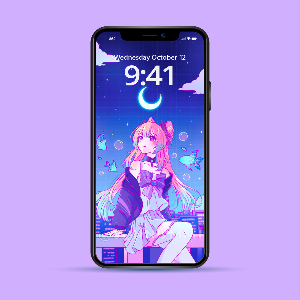 Girl with Fishes at Night Wallpaper